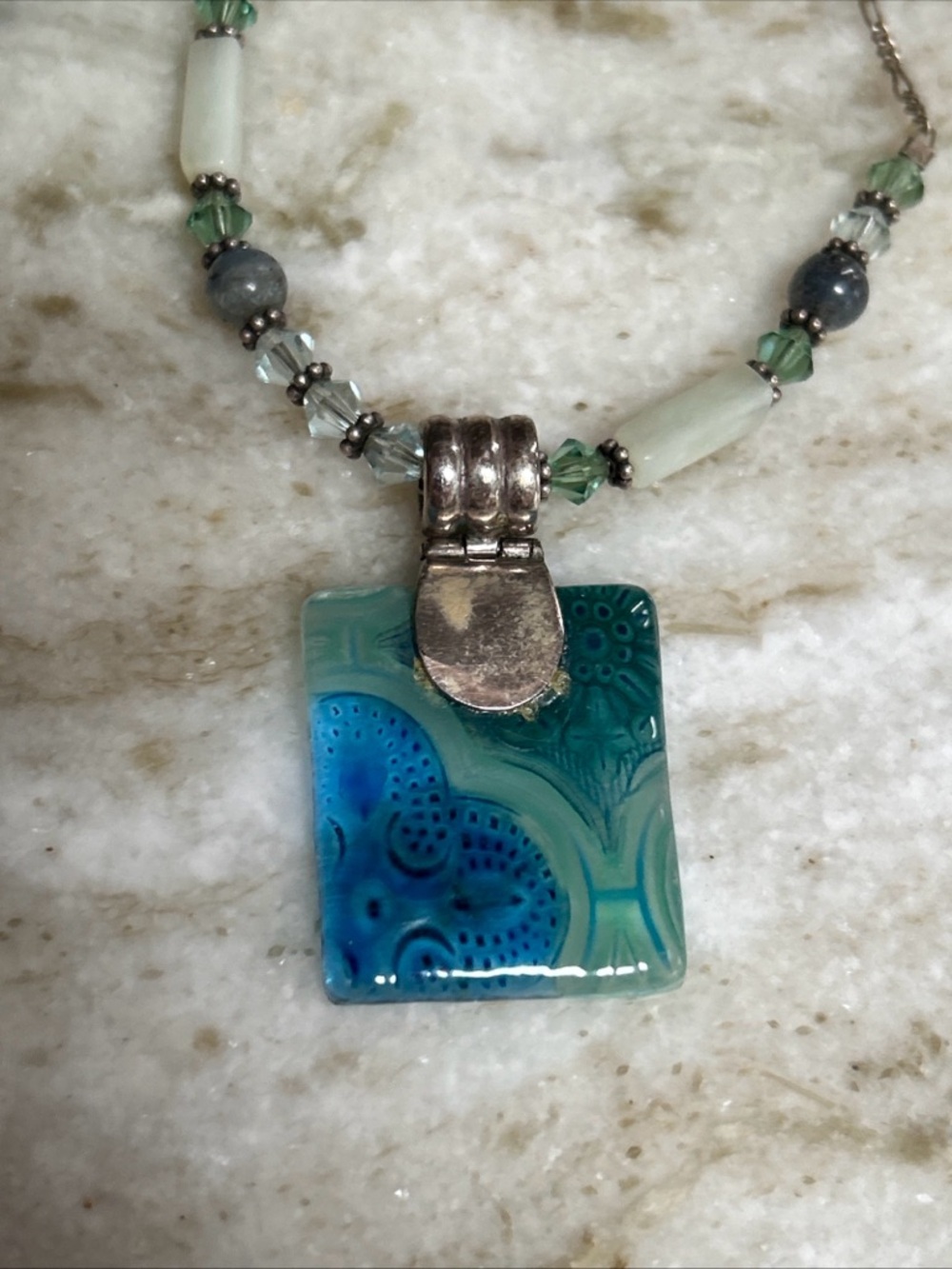 Sterling Silver Blue  Art Glass Modernist Geometric Pendant & Beaded Necklace